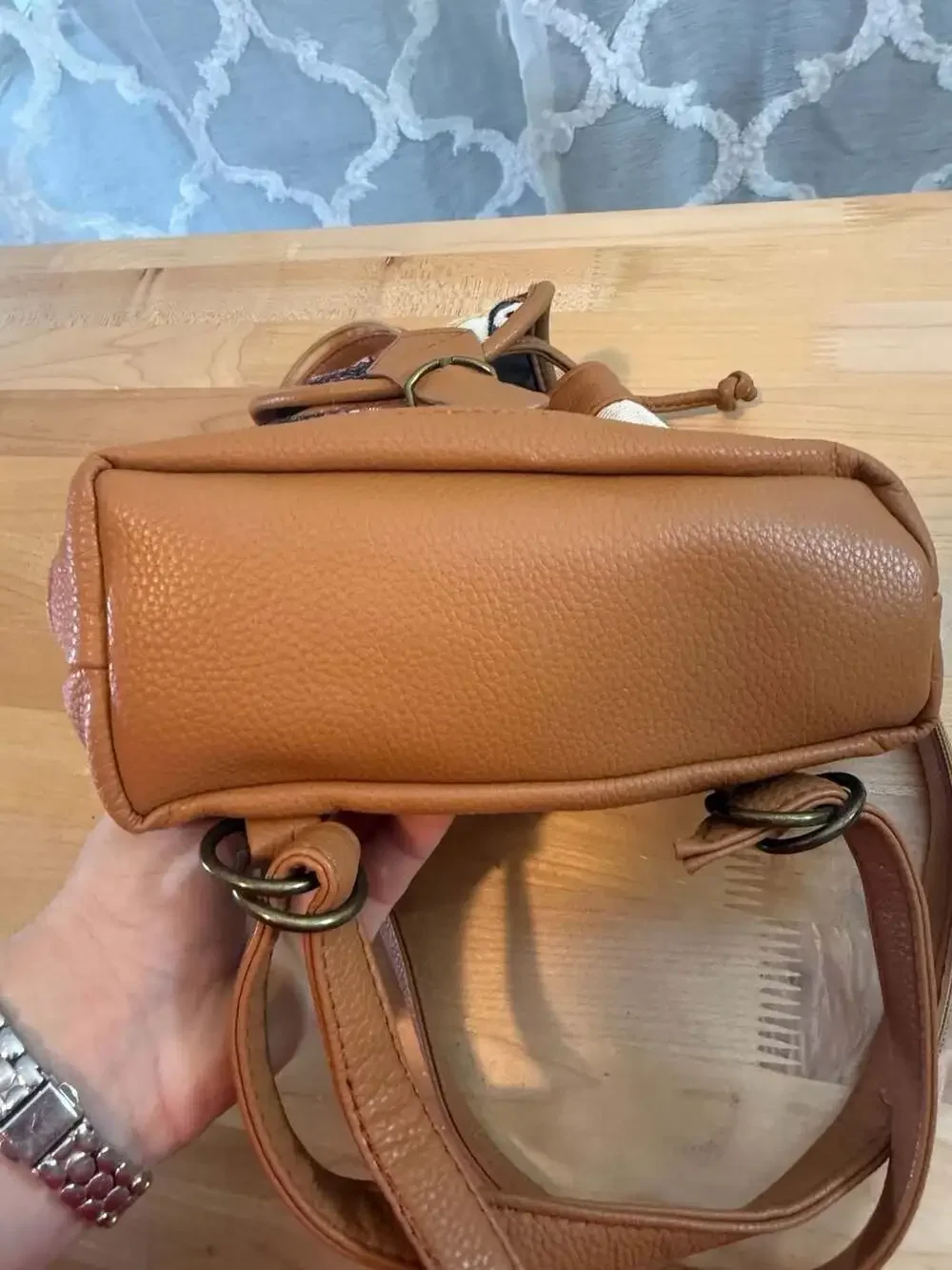 Small Tapestry Owl Print Mini Backpack with Brown Faux Leather Trim